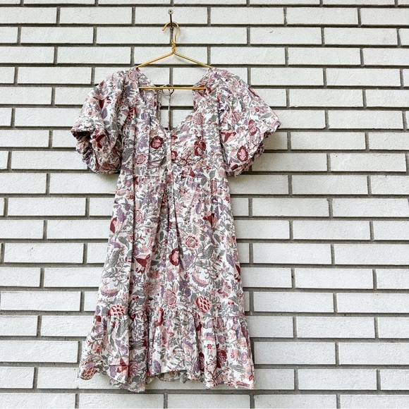 Love The Label Boho Puff Sleeve Floral Mini Dress Sz L | 100% Cotton Tie Back - Picture 1 of 10